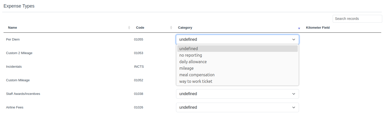 Expense type categorization form